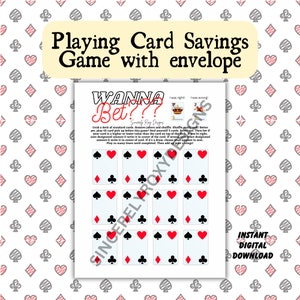 Op de afbeelding: Een printbare spelkaart met de titel "Wanna Bet?" en instructies voor een kaartspel om geld te besparen. De kaart heeft een rood hart, een zwarte schoppen en een ruit erop.
