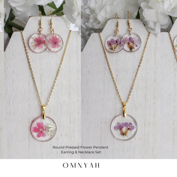 Earring & Necklace Set | Rimless Circle Pressed Flower Pendant | Resin | 18K Gold | Gifts for HerBridesmaidHandmade