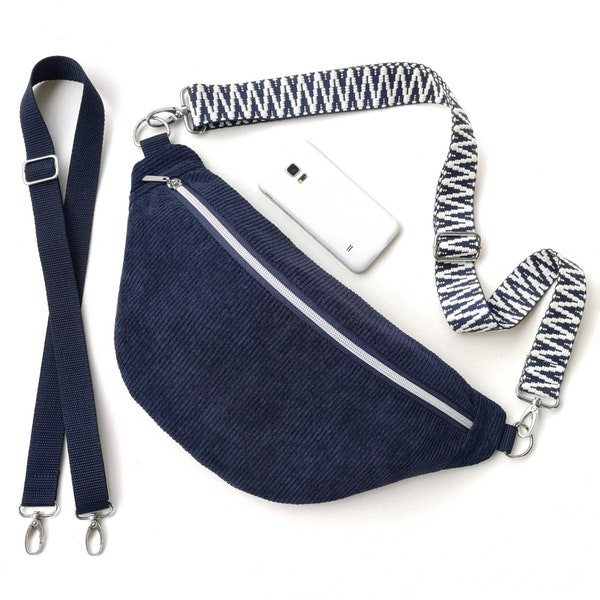 XL Cord-Bauchtasche für Damen / personalisierbare blaue Crossbag aus Cord / mit zweitem Innenfach / Wechselgurte und Innenfutter zur Auswahl