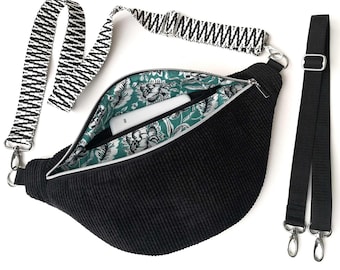 XL Cord-Bauchtasche für Damen / schwarze Crossbag aus Samt-Cord / extra-große Bodybag / mit Reißverschluss-Innenfach und Gurt-Optionen