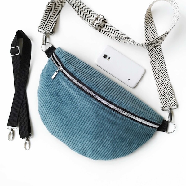 XL Cord-Bauchtasche für Damen / große, türkis-blaue Hipbag aus Baumwoll-Cord / mit Steppfutter, Reißverschluss-Innenfach und Gurt-Optionen