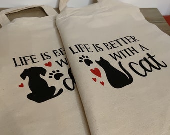 bedruckter Jutebeutel Einkaufstasche Stofftasche Hund Katze