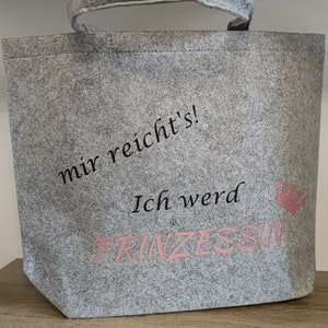 large felt bag light grey, princess with crown, pink glitter font
