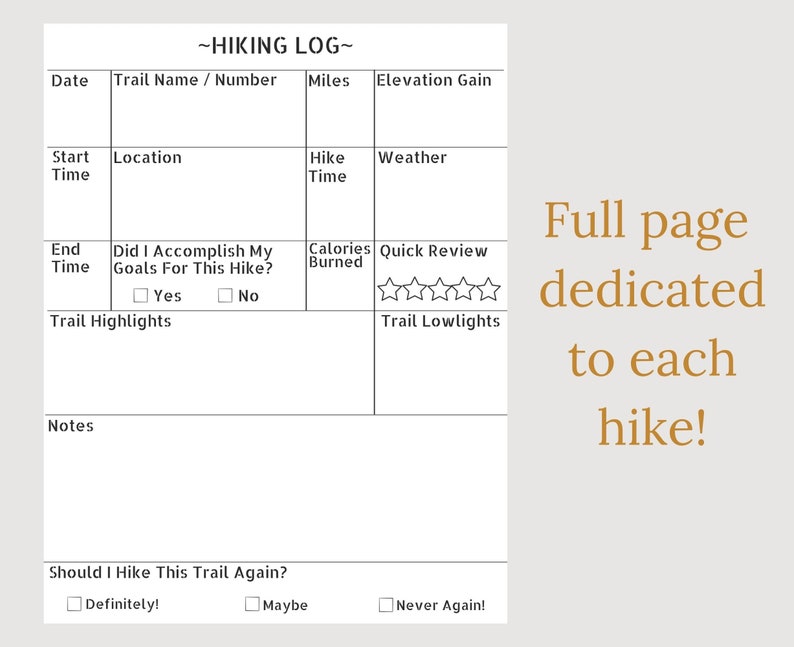Hiking Log Printable Download, Hiking Tracker, Printable Hiking Planner