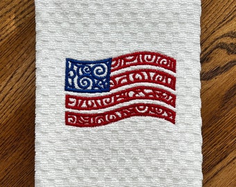 Embroidered USA Flag Kitchen Towel: Red, White & Blue Waffle Weave