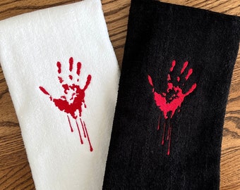 Bloody Hand Halloween Scary Plush Velour Hand Towel | Red Embroidered True Crime Bath Hand Towel