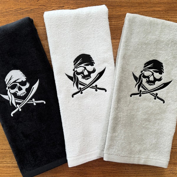 Custom Pirate Skull Embroidered Plush Velour Hand Towel | Guy's Bathroom Decor | Pirate Party Decor
