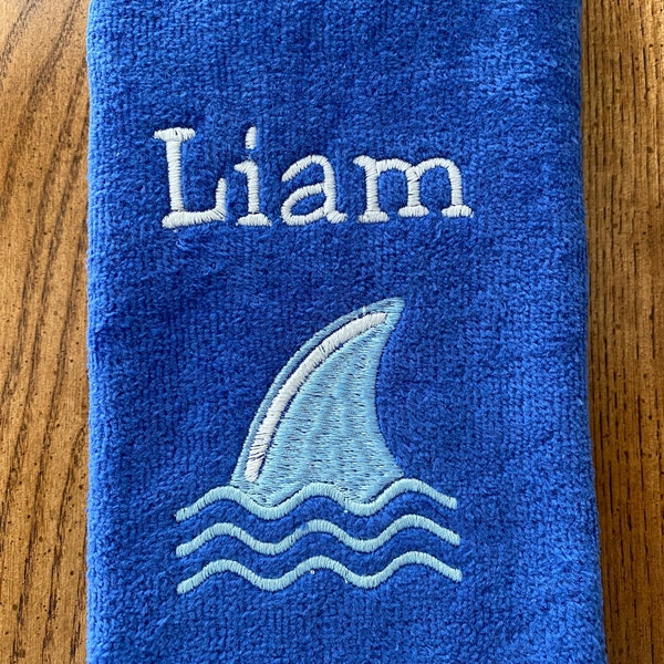 Shark Fin Bath Hand Towel | Personalized Fingertip Towels | Custom Embroidered Fingertip Towel | Child Bathroom| Beach Theme Hand Towel