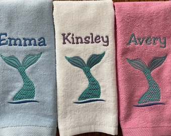 Mermaid Fingertip Hand Towel | Personalized Beach Theme Fingertip Towels | Custom Embroidered Bath Hand Towel | Girls Bathroom