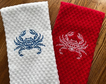 Embroidered Crab Kitchen Towel: Custom Cotton Dish Towel