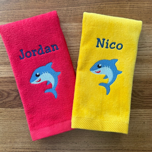 Shark Bath Hand Towel | Personalized Beach Fingertip Towel | Custom Embroidered Fingertip Towel | Child Bathroom| Beach Theme Hand Towel