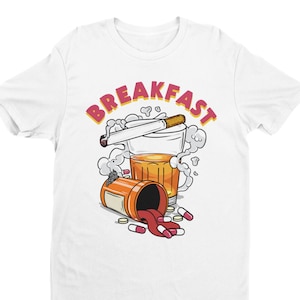 Breakfast Whiskey Cigarettes Pills Graphic Tee - Dark Humor Shirt