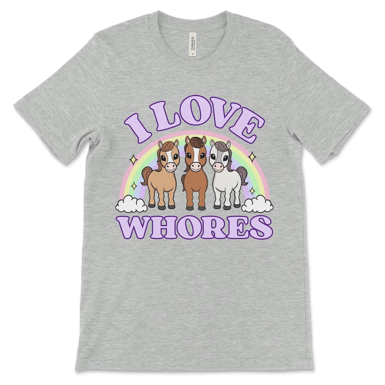 Funny offensive t shirt with the phrase “I Love Whores” and cartoon horses, dirty raunchy design perfect for inappropriate tshirt exchange party or adult humor fans.