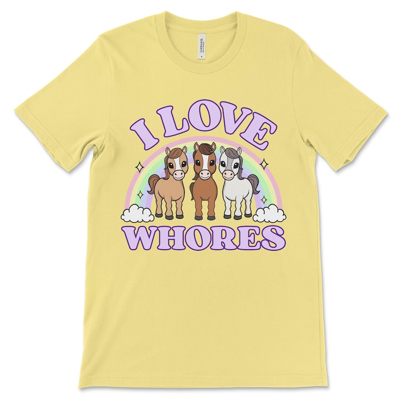 Funny offensive t shirt with the phrase “I Love Whores” and cartoon horses, dirty raunchy design perfect for inappropriate tshirt exchange party or adult humor fans.