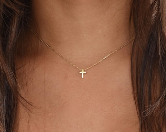 14K Gold Tiny Floating Cross Necklace: Delicate Minimalist Charm