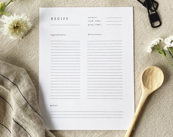 RECIPE PAGE Printable - Instant Recipe Sheet - Digital Download - Printable Recipe Page - Minimalist Recipe Page - Recipe Book Printable