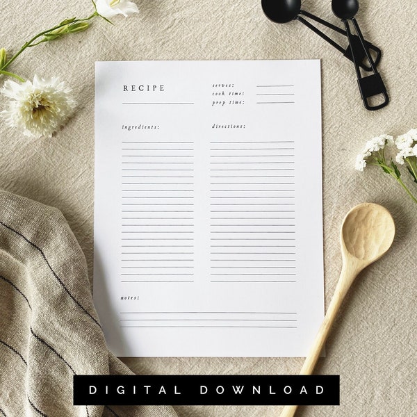 RECIPE PAGE Printable - Instant Recipe Sheet - Digital Download - Printable Recipe Page - Minimalist Recipe Page - Recipe Book Printable