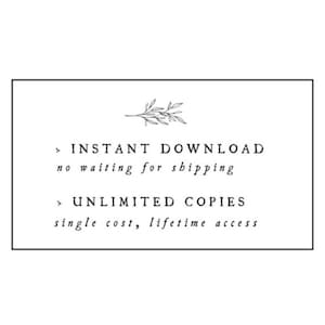 Może przedstawiać: Czarno-biała grafika z prostym rysunkiem gałęzi z liśćmi. Tekst brzmi "INSTANT DOWNLOAD no waiting for shipping" i "UNLIMITED COPIES single cost, lifetime access".