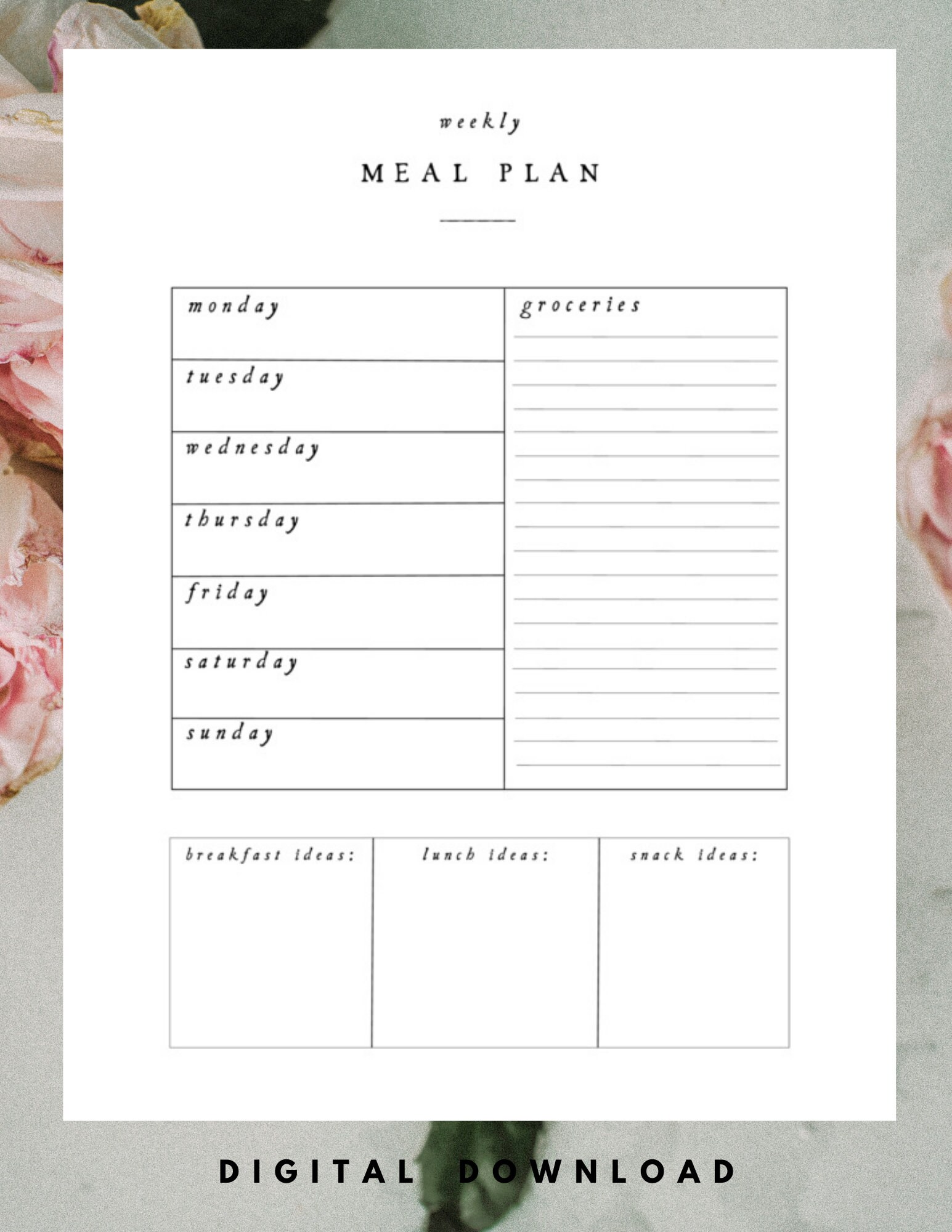 MEAL PLAN Printable - Grocery List - Digital Download - Instant Meal ...