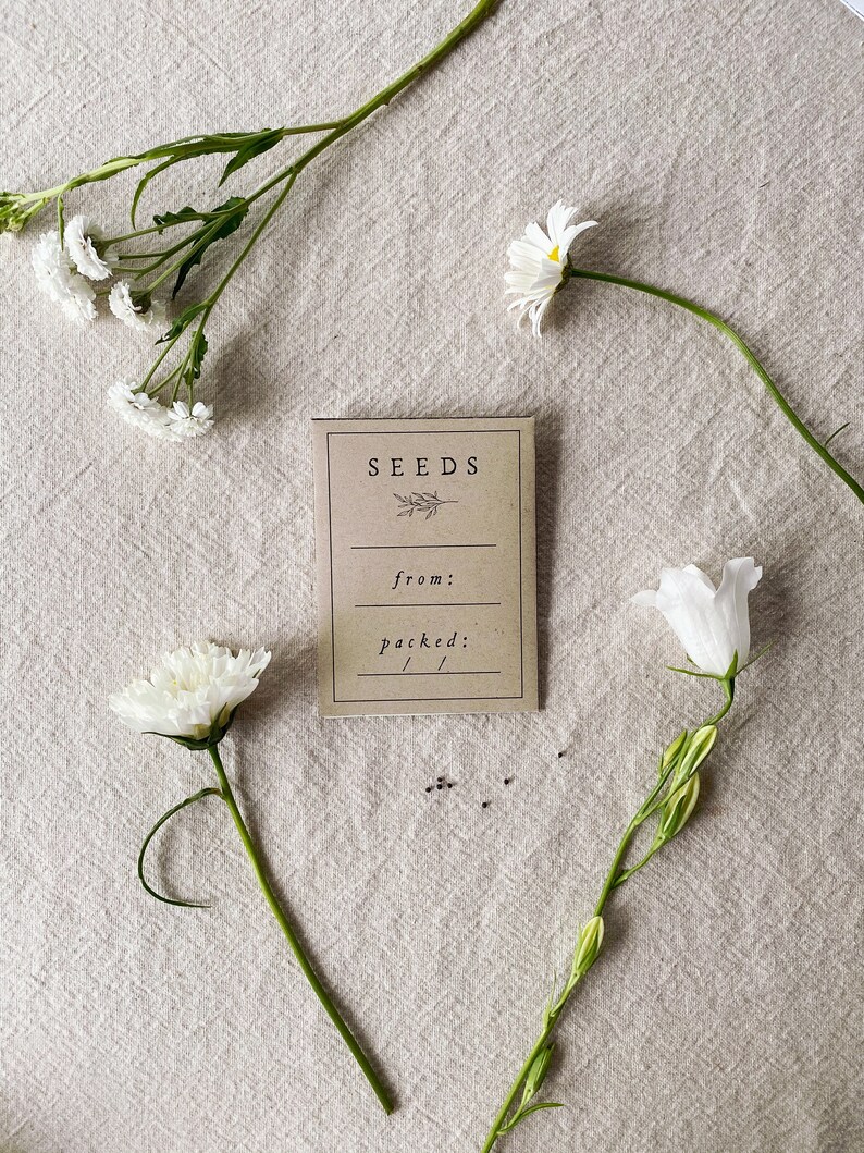 May include: A kraft paper seed packet with the word "SEEDS" and a botanical illustration, surrounded by white flowers and scattered seeds on a neutral linen surface. The packet has space for "from:" and "packed:" information.