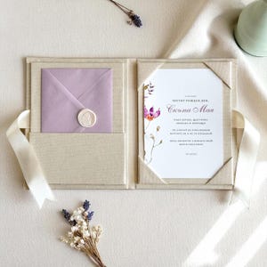 Folio d'invitation à couverture rigide en lin | Élégant porte-monnaie et porte-cartes de vœux | Réservez votre date de mariage, invitation et pochette RSVP