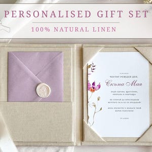 Conjunto de presente: cartão personalizado, envelope para dinheiro e vale-presente e porta-cartões de capa dura de linho | Pacote de luxo feito à mão para ocasiões especiais | Casamento, aniversário