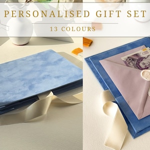 SET REGALO Biglietto personalizzato, busta per buoni regalo e custodia rigida in pelle scamosciata / Pacchetto di lusso fatto a mano per occasioni speciali / Matrimonio, Compleanno