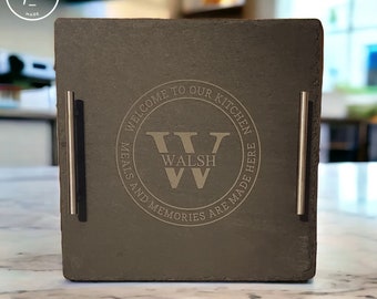 Welcome To Our Kitchen Monogram Engraved Slate Serving Tray