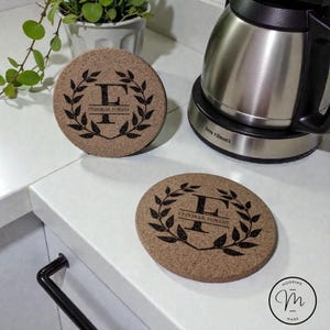 Personalized Engraved Cork Trivet: Monogram Wreath Design