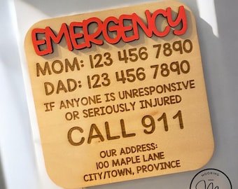 Emergency Contact Magnet: Engraved Wood, Babysitter/911 Info
