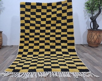 Berber Area Rug: Yellow and Black Checkered - Handmade Wool