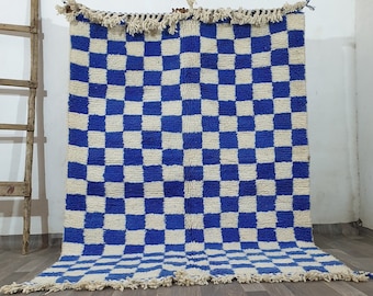 Marokkanischer Blau und Weiß Karierter Teppich, Marokkanischer Berber Schachbrett Teppich!