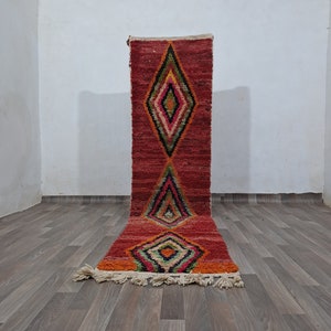 Hand-Knotted Wool Runner Rug: Red Geometric Moroccan Berber Style