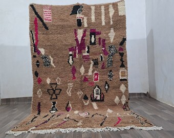 Alfombra marroquí Azilal: lana marrón bohemia, textura suave hecha a mano
