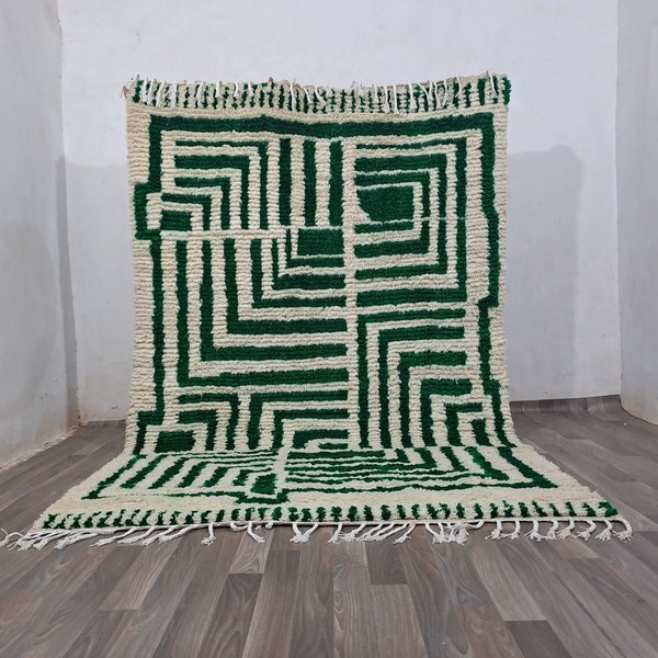 Morocan rug Wool 9x6Ft ,Green White Wool ,Berber green rug ,Berber White rug ,Morrocan Rug Vintage , Rugs For Bedroom Aesthetic