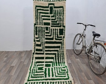 Handmade Wool Moroccan Runner Rug: Green Beni Ourain Style