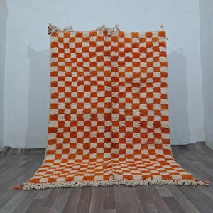 7x5 Ft Moroccan Wool Rug: Handwoven Checkered Royal Orange Rug