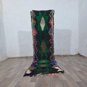 Green Moroccan Rug Runner: 9x2 Vintage Berber Hallway Rug