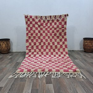 Handmade Moroccan Checkered Wool Rug: Pink & White Beni Ourain (6X3 Ft)