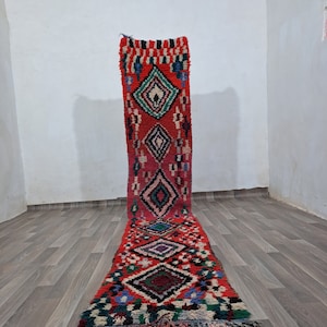 Alfombra de entrada marroquí 12X2 Pies Alfombra marroquí vintage - Alfombra bereber hecha a mano - Alfombra bereber vintage - Alfombra de corredor rojo