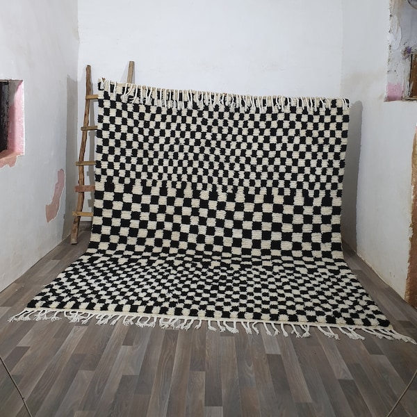 Large black and white checkered rug, Moroccan Berber checkered rug, Checkered area rug -Checkerboard Rug -beniourain rug, Soft Colored Rug
