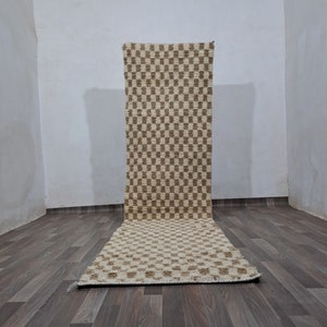 Handmade Moroccan Wool Runner Rug: Beige & White Checkered Berber Design