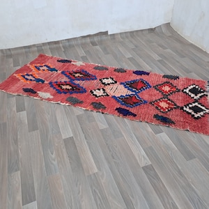 Handwoven Moroccan Red Wool Rug Runner: 7x3 Ft Azilal Berber Entryway Rug