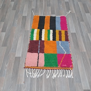 Handmade Wool Runner Rug: Colorful Moroccan Checkered Design