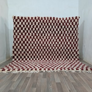 MOROCCAN BROWN RUG, autentico tappeto marocchino in lana, tappeto a scacchiera Beni Ourain, tappeto a scacchi personalizzato, tappeto bianco e marrone
