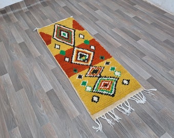 Colorful Moroccan Runner Rug: Handmade Wool Checkered Boho