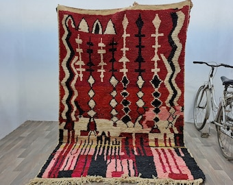 Moroccan Berber Wool Rug, Red Checkered Pattern (Handmade, Plush)