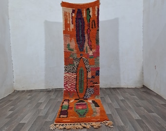 幾何学模様　モロッコ　ウールラグ オレンジ系 手織りウールラグ：オレンジ色の幾何学模様のモロッコカーペット