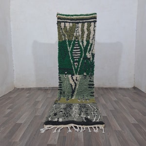 Hand-Knotted Green Wool Moroccan Rug: Berber Bohemian Runner