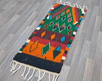 Handwoven Wool Moroccan Rug Runner: Colorful Abstract Design